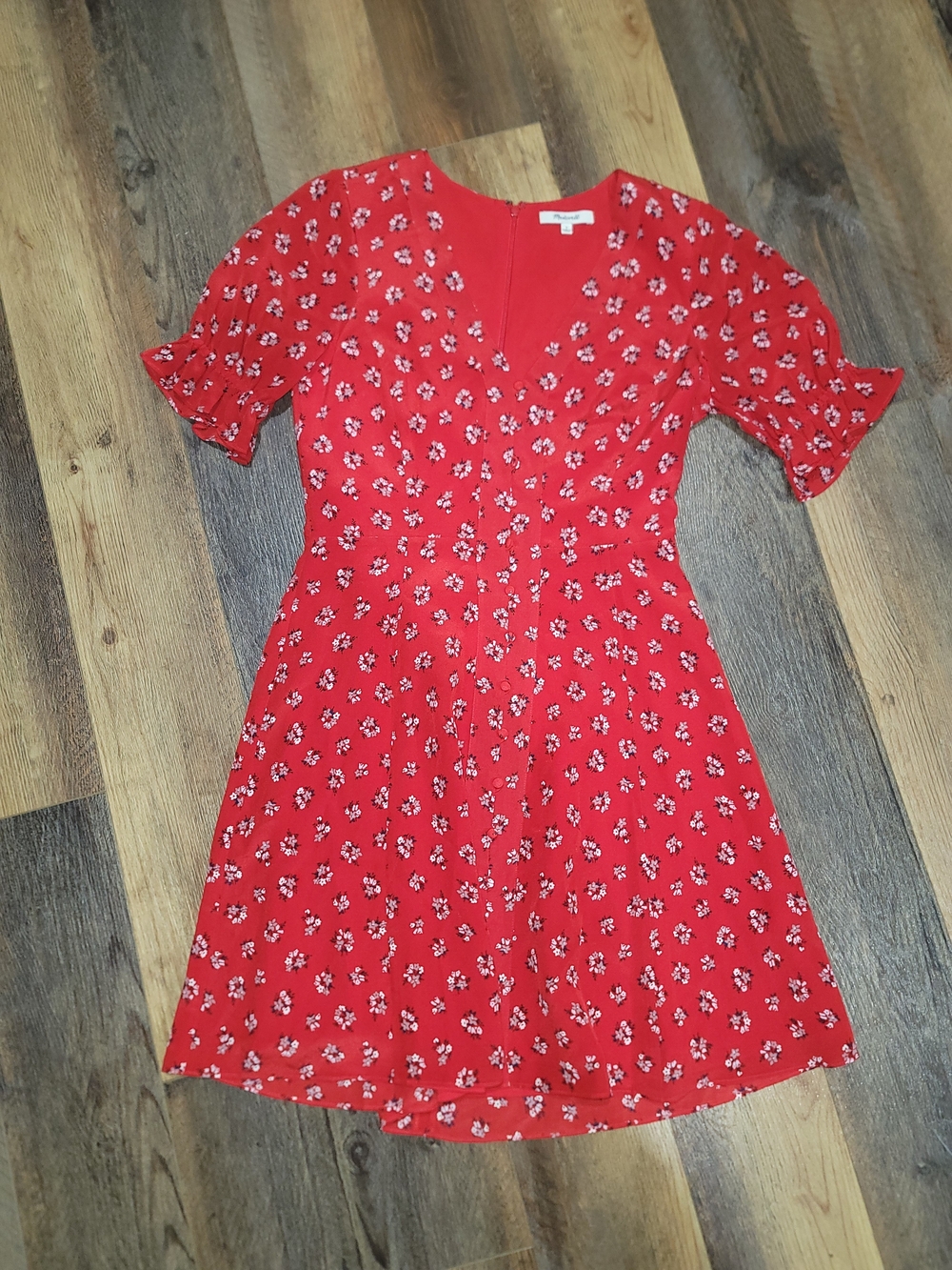 Madewell Red Floral V-Neck Mini Dress with Puff Sleeves - Picture 2 of 10